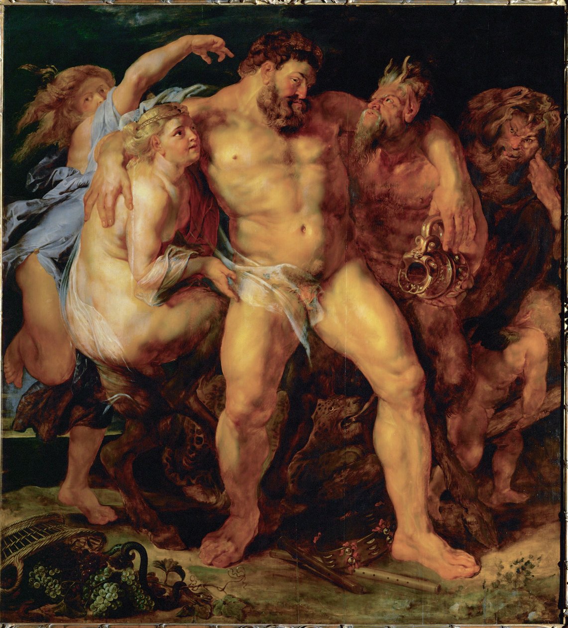 Herkules humalassa, nymfin ja satiirin johdolla, noin 1612-14 (maalaus tammipuulle). tekijältä Peter Paul Rubens