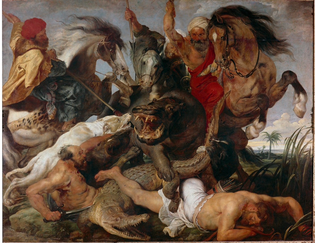 Virtahevon ja krokotiilin metsästys. Pierre Paul (Pierre-Paul) Rubensin (tai Peter Paulin tai Petrus Pauluksen) maalaus (1577-1640) tekijältä Peter Paul Rubens