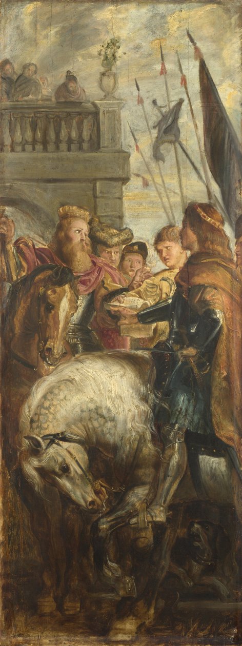Kuninkaat Clothar ja Dagobert riitelevät keisari Mauritiuksen Heraldin kanssa. Luonnos korkealle alttaritaululle, St Bavo, Gent, 1611 tekijältä Peter Paul Rubens
