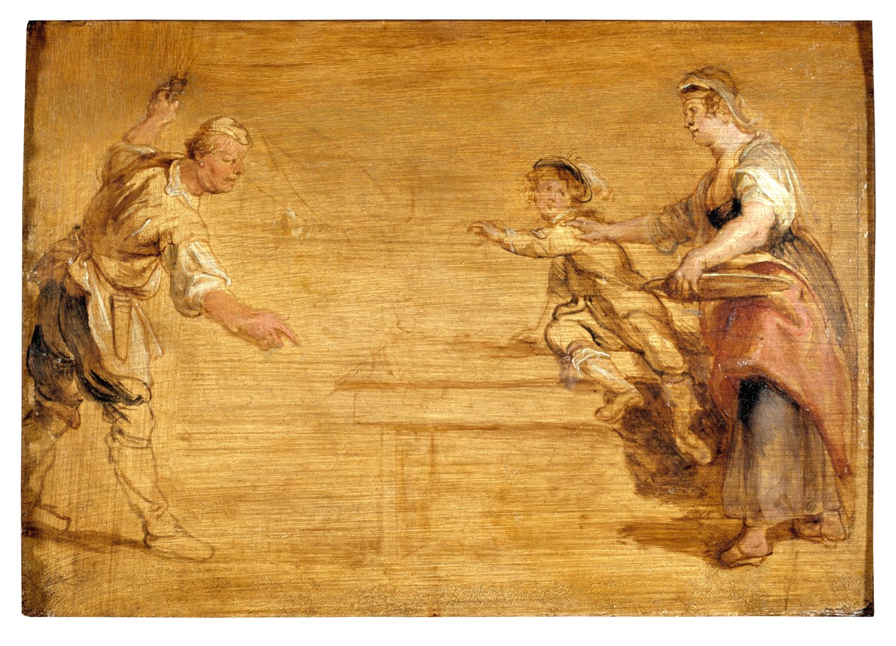 Keittiöneuvo, teurastaja ja poika pöydän ympärillä (öljy kankaalle) tekijältä Peter Paul Rubens