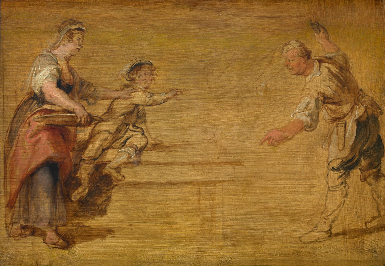 Keittiöpiika, teurastaja ja poika pöydän ympärillä tekijältä Peter Paul Rubens