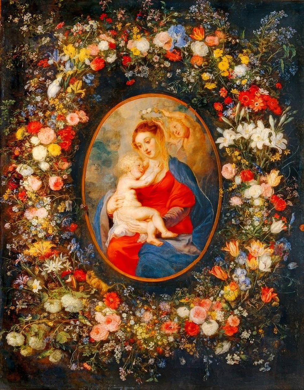 La Vierge, l’enfant Jesus et des anges au milieu d’une guirlande de fleurs tekijältä Peter Paul Rubens