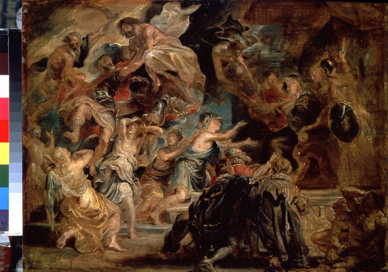 Henrik IV:n kuolema (1553-1610) ja valtiovallan julistaminen (Henry IV:n kuolema ja valtiovallan julistaminen). Peter Paul (Pierre-Paul) Rubensin (tai Peter Paulin tai Petrus Pauluksen) maalaus (1577-1640). Öljy puulle, 48 x 65 cm tekijältä Peter Paul Rubens