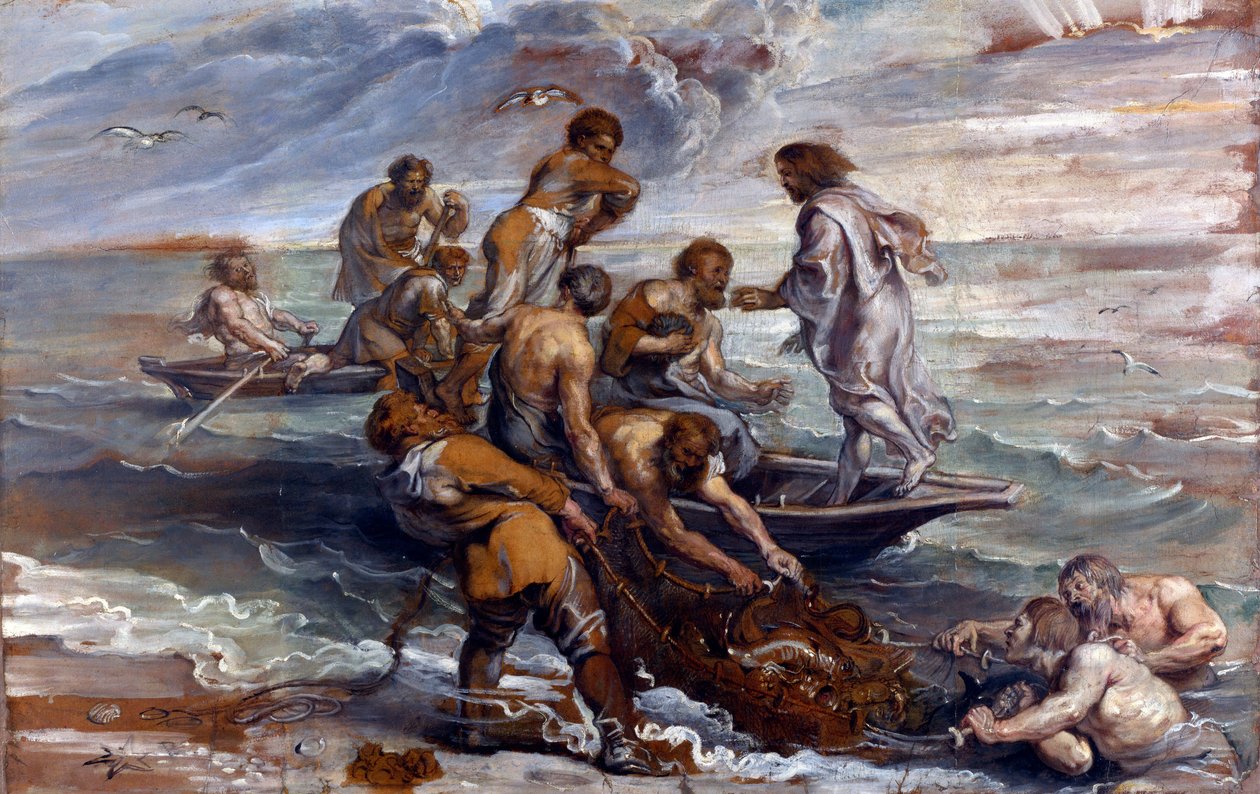 ""La peche miraculouse"" (Ihmeellinen kalojen luonnos) Pieter Paul Rubensin (1577-1640) maalaus 1618-1619 Koko 55x85 cm Lontoon kansallisgalleria tekijältä Peter Paul Rubens