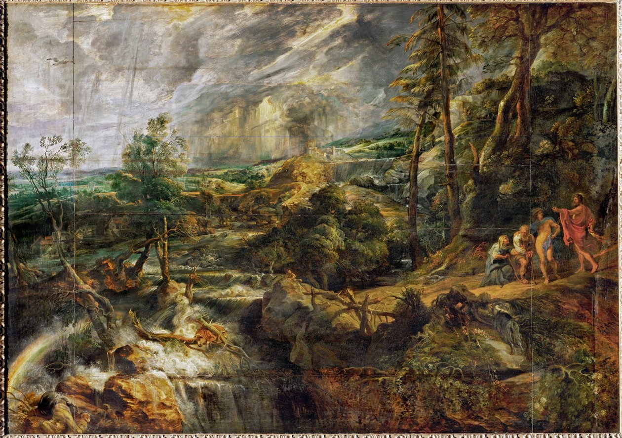 Maisema ukkosmyrskyssä, jossa Philemon ja Baucis, Jupiter ja Merkurius, noin 1620 (öljy puulle). tekijältä Peter Paul Rubens