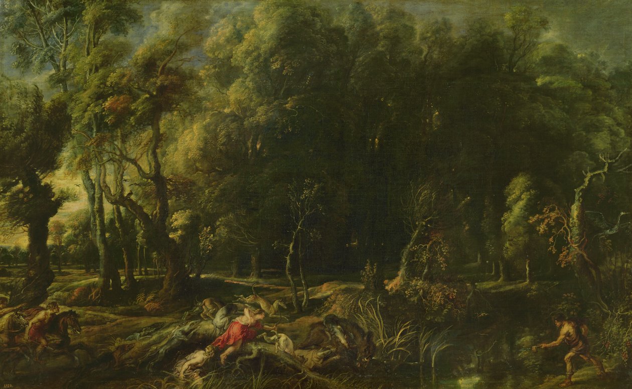 Maisema kalydonialaisen villisian metsästyksen kanssa, ennen tekijältä Peter Paul Rubens