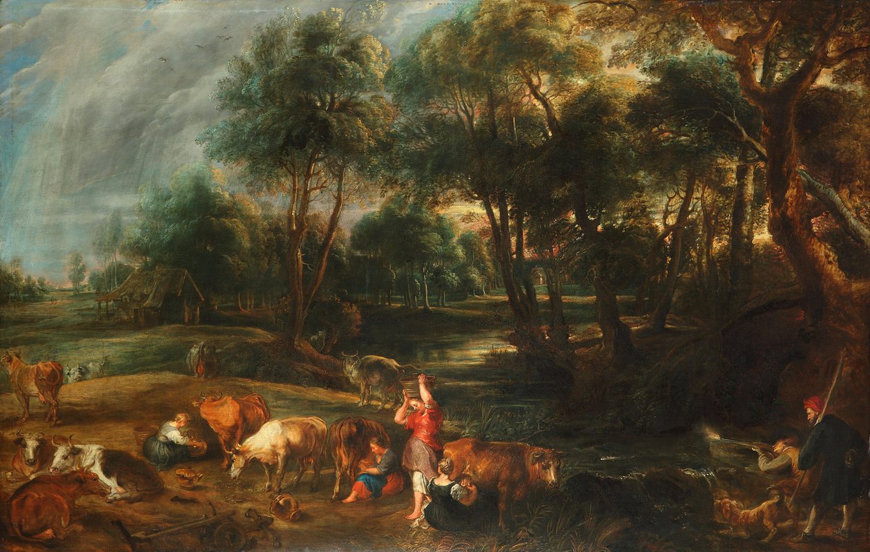 Maisema, lehmiä ja sorsanmetsästäjiä tekijältä Peter Paul Rubens