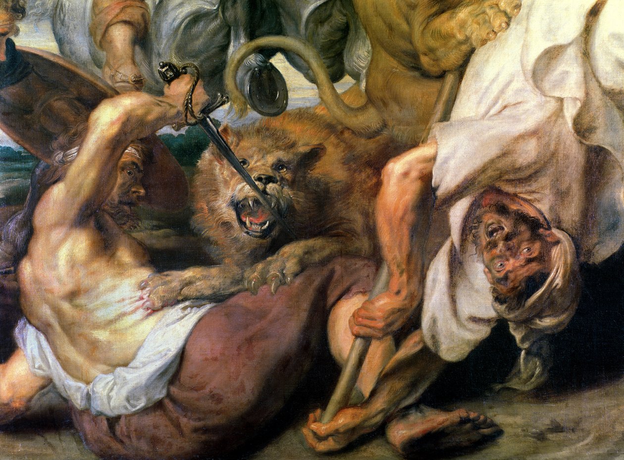 Lion Hunt, yksityiskohta kahdesta miehestä ja leijonasta, 1621 tekijältä Peter Paul Rubens