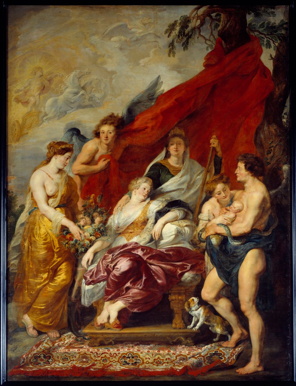Ludvig XIII syntyi Fontainebleaussa 27. syyskuuta 1601. Hänen äitinsä Marie de Medicis (Maria de Medici) istuu valtaistuimella ja katsoo uutta ne. Pierre Paul (Pierre-Paul) Rubensin (tai Peter Paulin tai Petrus Pauluksen) maalaus (1577-1640) tekijältä Peter Paul Rubens