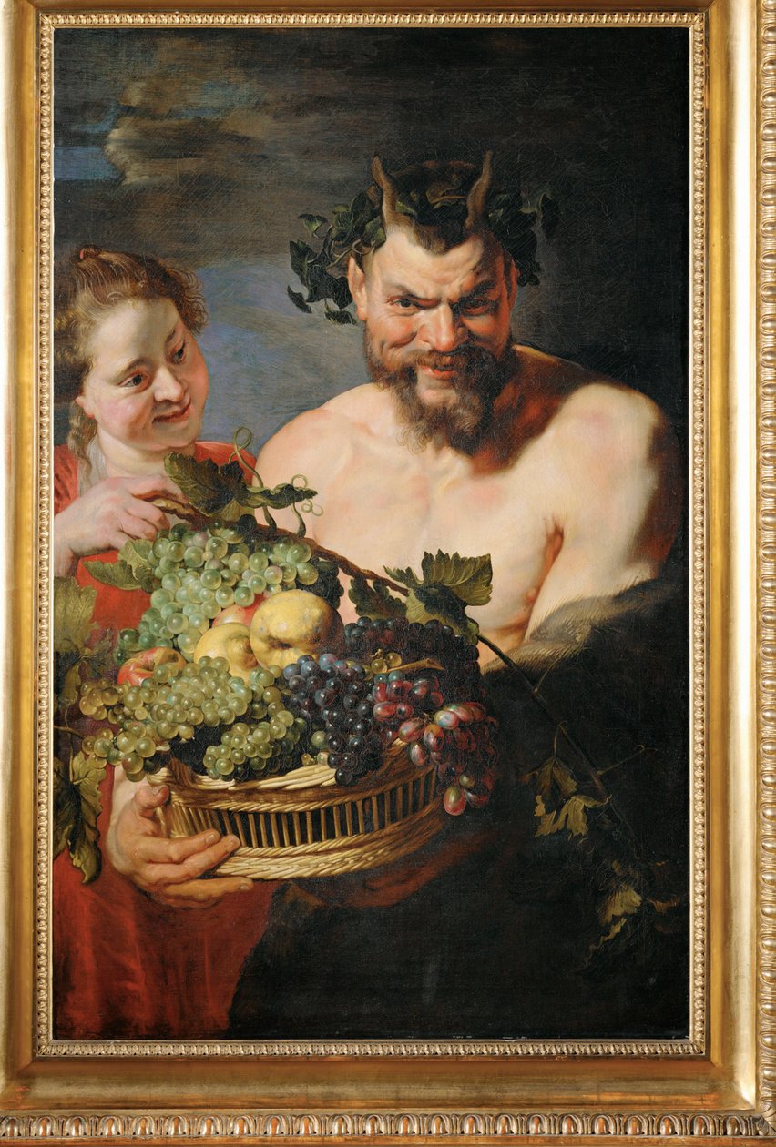 Maenad ja satyyri hedelmäkorin kanssa (maalaus kankaalle) tekijältä Peter Paul Rubens