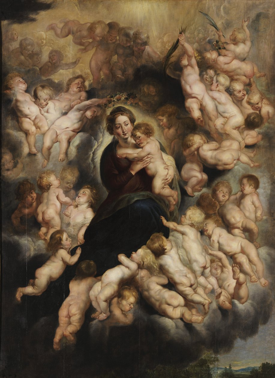 Maria lapsen kanssa enkelien seppeleessä tekijältä Peter Paul Rubens