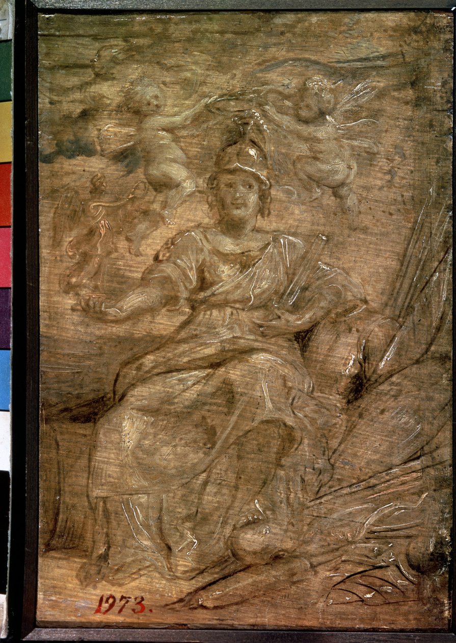 Marie de Medici (1575-1642) ja Pallas Athena (Marie de Medici Pallas Athena). Peinture de Pierre Paul (Pierre-Paul) Rubens (tai Peter Paul tai Petrus Paulus) (1577-1640). Öljy puulle, 22,5 x 15 cm tekijältä Peter Paul Rubens