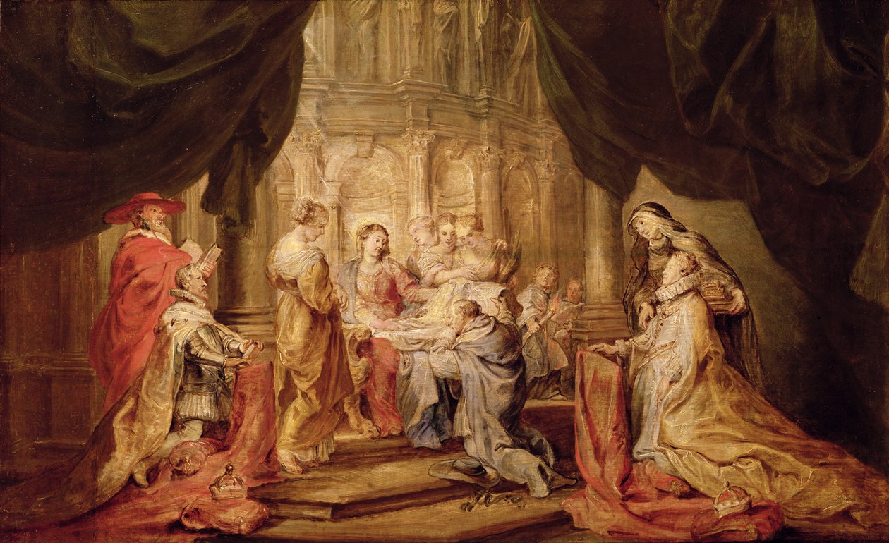 Maria antaa vaatteen Toledon arkkipiispa Ildefonsolle, arkkiruhtinas Albrecht VII ja hänen suojeluspyhimyksensä Albert of Lowen vasemmalla ja lapsi Isabella Claira Eugenia ja hänen suojeluspyhimys Unkarin Elisabet vasemmalla (alttarin luonnos tekijältä Peter Paul Rubens