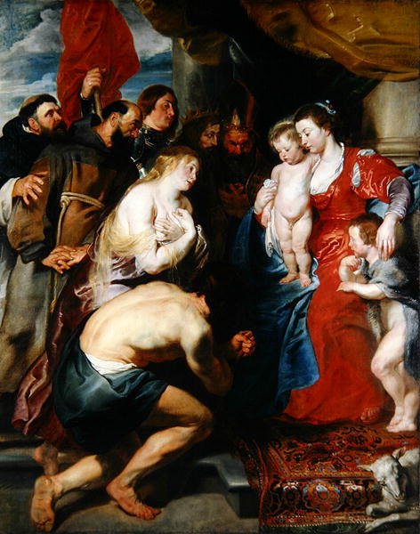 Maria Jeesuksen ja Johanneksen kanssa (öljy kankaalle tammipaneelilla) tekijältä Peter Paul Rubens