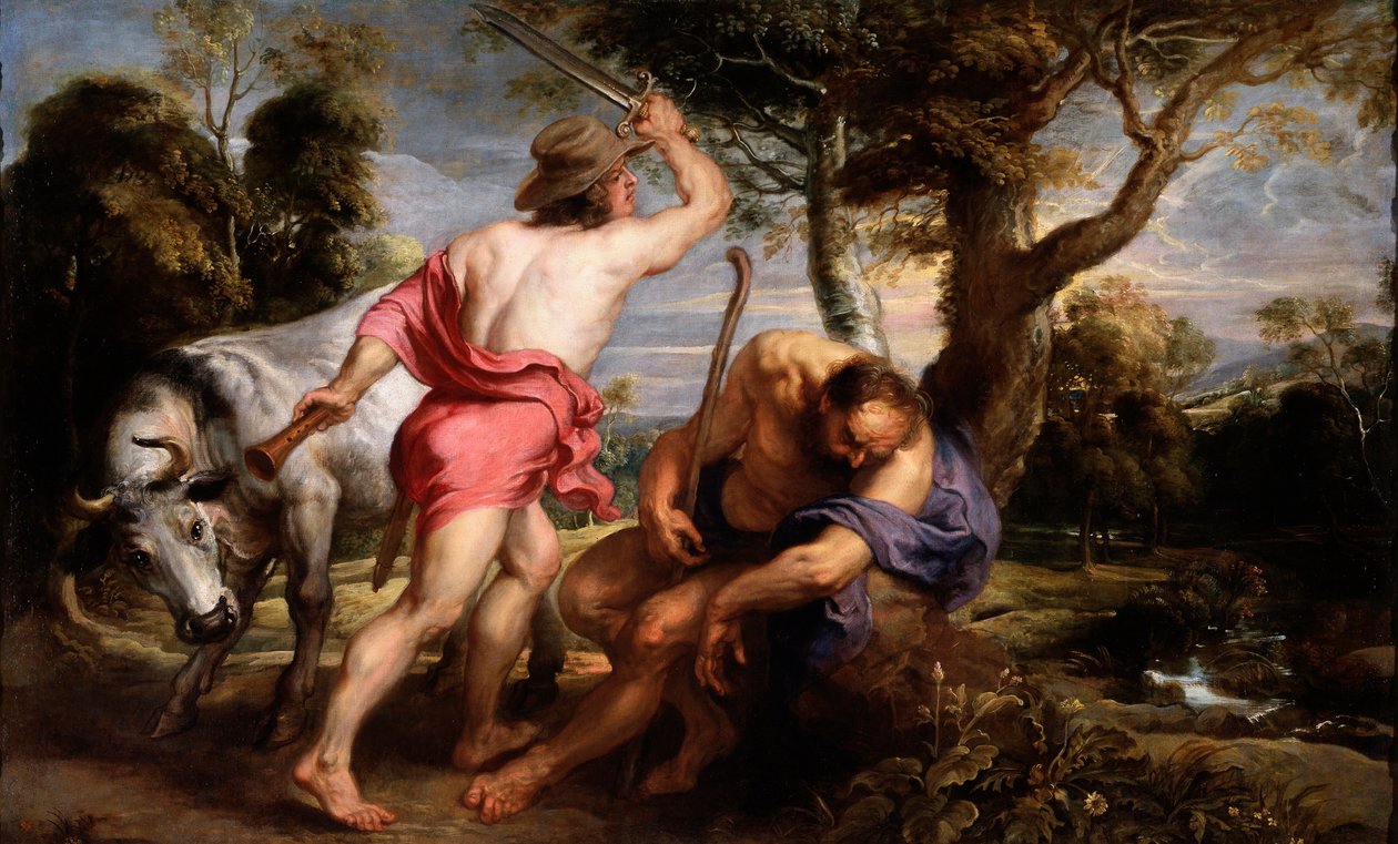 ""Mercury ja Argus"" Zeus käskee Merkuriusta nukahtamaan Argusin, Ion suojelijan, jonka Hera muutti hiehoksi (Mercury ja Argus) Pieter Paul Rubensin (1577-1640) maalaus 1636-1638 Koko 180x298 cm Museo del Prado, Madrid tekijältä Peter Paul Rubens