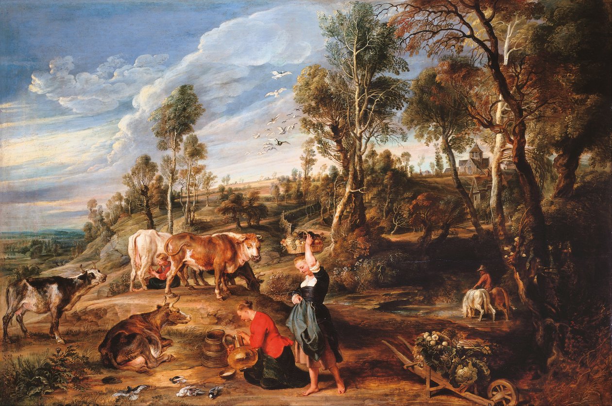 Lypsäjättäriä ja karjaa maisemassa, "Lakenin maatila" tekijältä Peter Paul Rubens