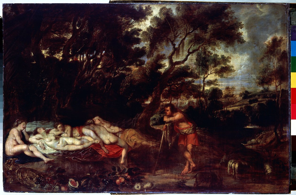 Maisema Cimonin ja Iphigenian kanssa (Maisema Cymonin ja Iphigenian kanssa). Peter Paul (Pierre-Paul) Rubensin (tai Peter Paul tai Petrus Paulus) maalaus (1577-1640). Öljy puulle, 49 x 73 cm. Flanderin taide, barokkitaide. Eremitaaši, Pietari. tekijältä Peter Paul Rubens