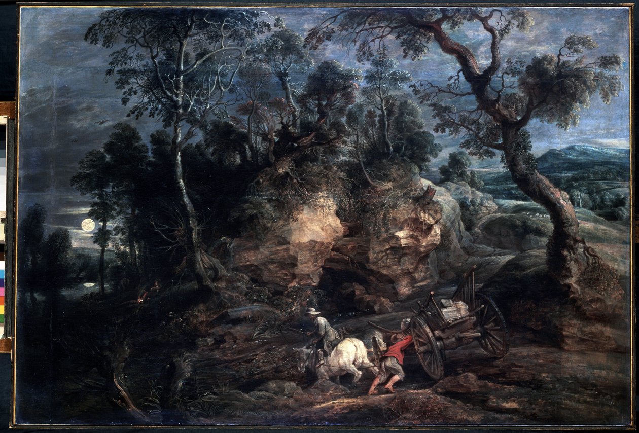 Maisema kivikuljettimilla. Peter Paul (Pierre-Paul) Rubensin (tai Peter Paul tai Petrus Paulus) maalaus (1577-1640). Öljy kankaalle, 86 x 126,5 cm, noin 1620. Flanderin taidetta, barokkitaidetta. Eremitaaši, St. tekijältä Peter Paul Rubens