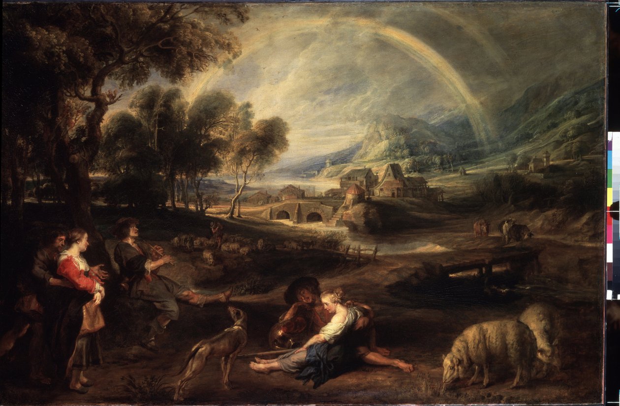 Maisema sateenkaaren kanssa. Peter Paul (Pierre-Paul) Rubensin (tai Peter Paulin tai Petrus Pauluksen) maalaus (1577-1640). Öljy kankaalle, 86 x 130 cm, alkuvuodesta 1630. Flanderin taide, barokkitaide. Eremitaaši, Pietari. tekijältä Peter Paul Rubens