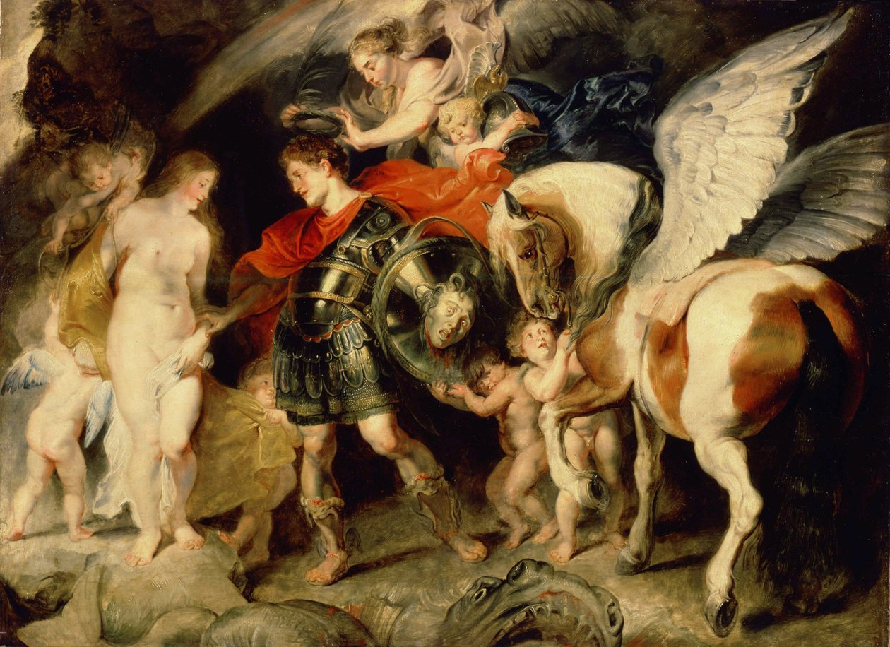 ""Perseus ja Andromeda"" (Perseus ja Andromeda) Kallioon kahlitun Andromedan toimittaa Persee Pagasuksen mukana. Kilvellään Medusan pää, jonka hän tappoi. Pierre Paul (Pierre-Paul) Rubensin (tai Peter Paulin tai Petrus Pauluksen) maalaus (1 tekijältä Peter Paul Rubens
