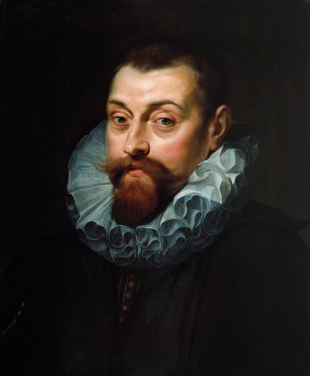 Miehen muotokuva, rinnan pituus, tumma puku, jossa valkoinen röyhelö, n. 1597-99 tekijältä Peter Paul Rubens