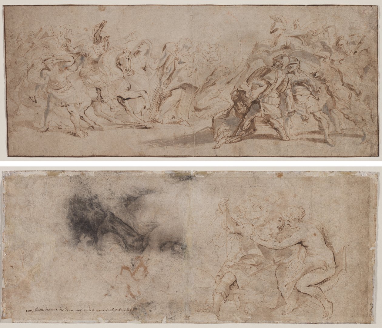 Roomalaisten ja sabiinien sovinto (recto) Venus Disarming Mars, Drapery Study (verso) tekijältä Peter Paul Rubens
