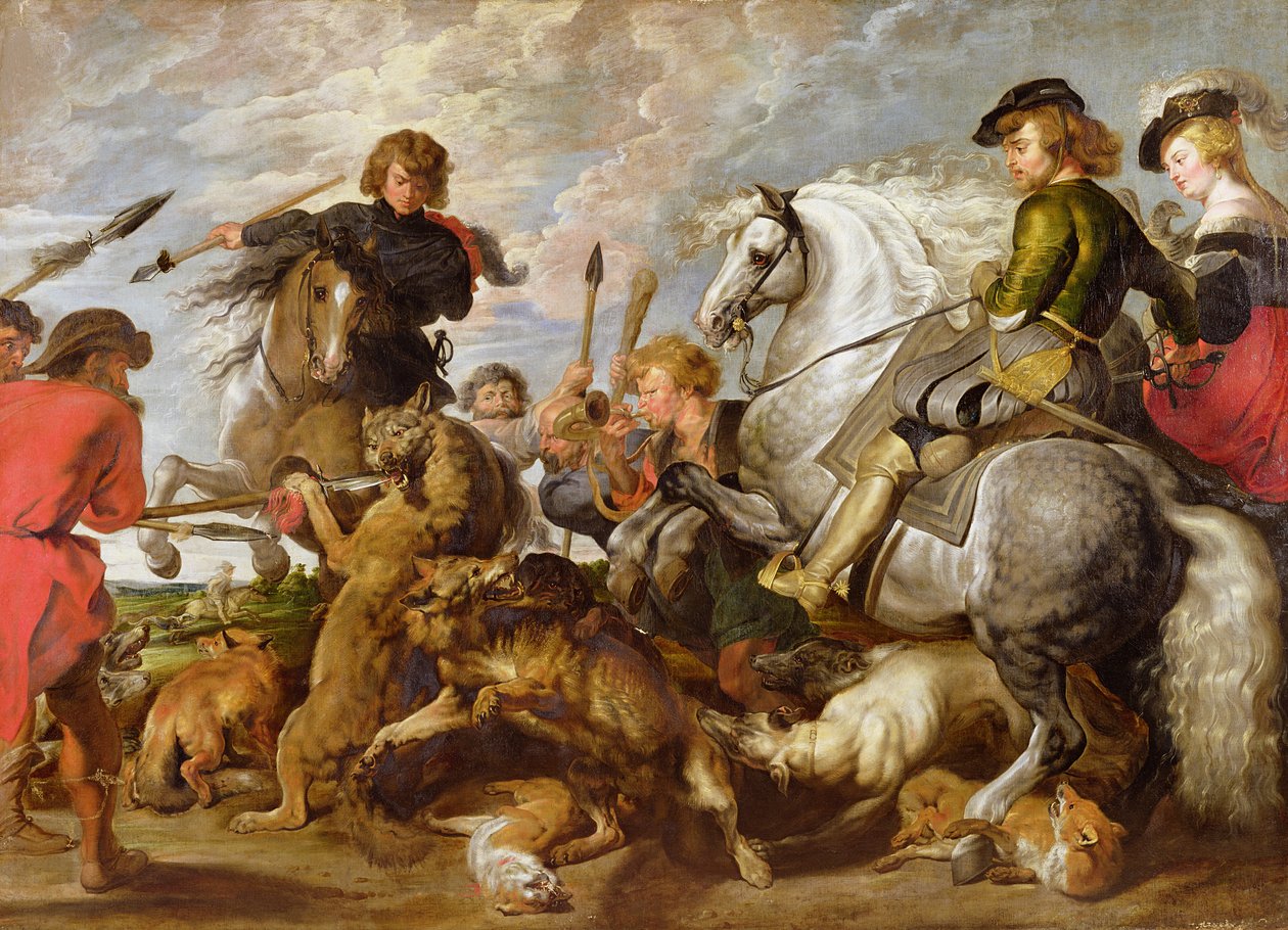 Rubens hänen toinen vaimonsa ja poikansa suden ja kettujen metsästämisessä Rubensin alkuperäiskappaleen jälkeen tekijältä Peter Paul Rubens