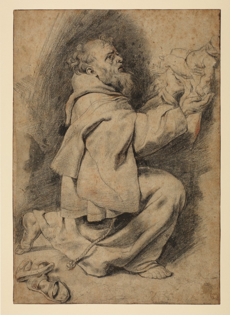 Pyhä Franciscus polvistui vastaanottaen lapsen Kristuksen, noin 1617 tekijältä Peter Paul Rubens
