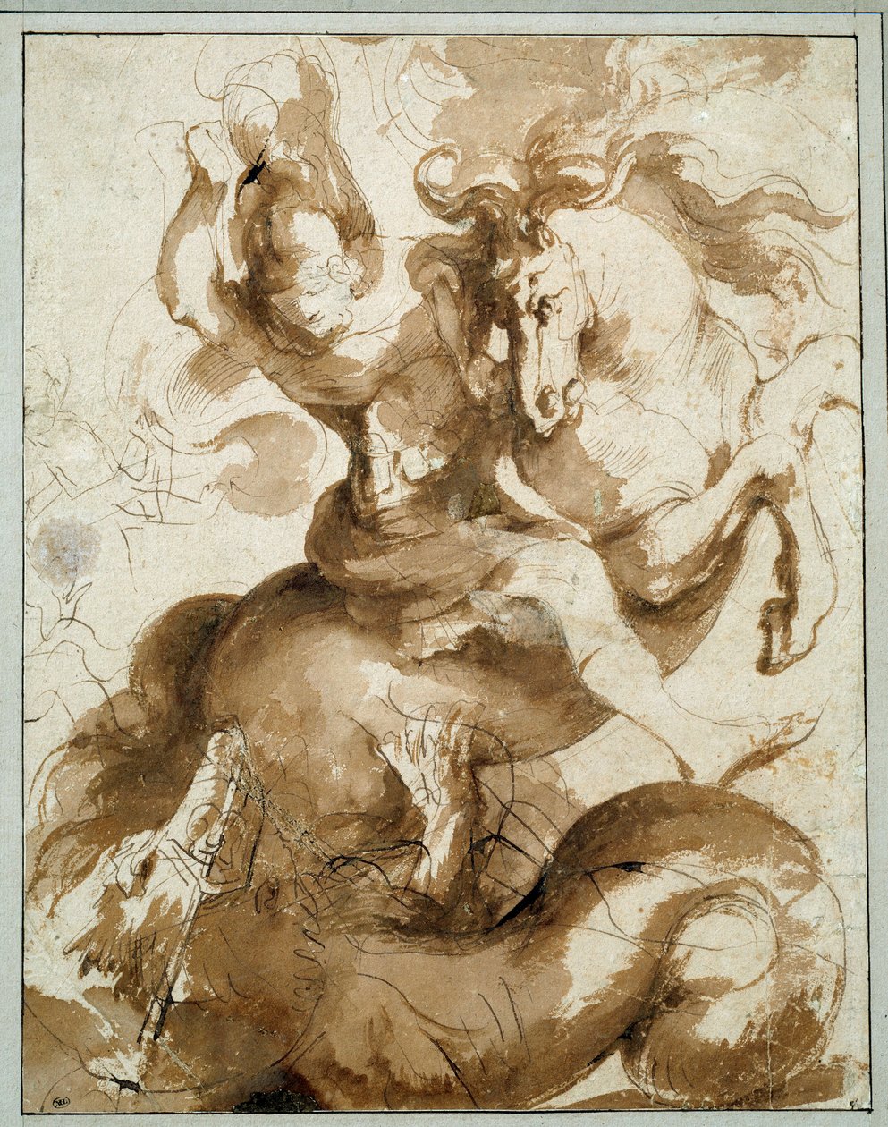 Pyhä Yrjö tappaa lohikäärmeen. Piirustus Pierre Paul (Pierre-Paul) Rubens (tai Peter Paul tai Petrus Paulus) (1577-1640) Ec. Flam. tekijältä Peter Paul Rubens