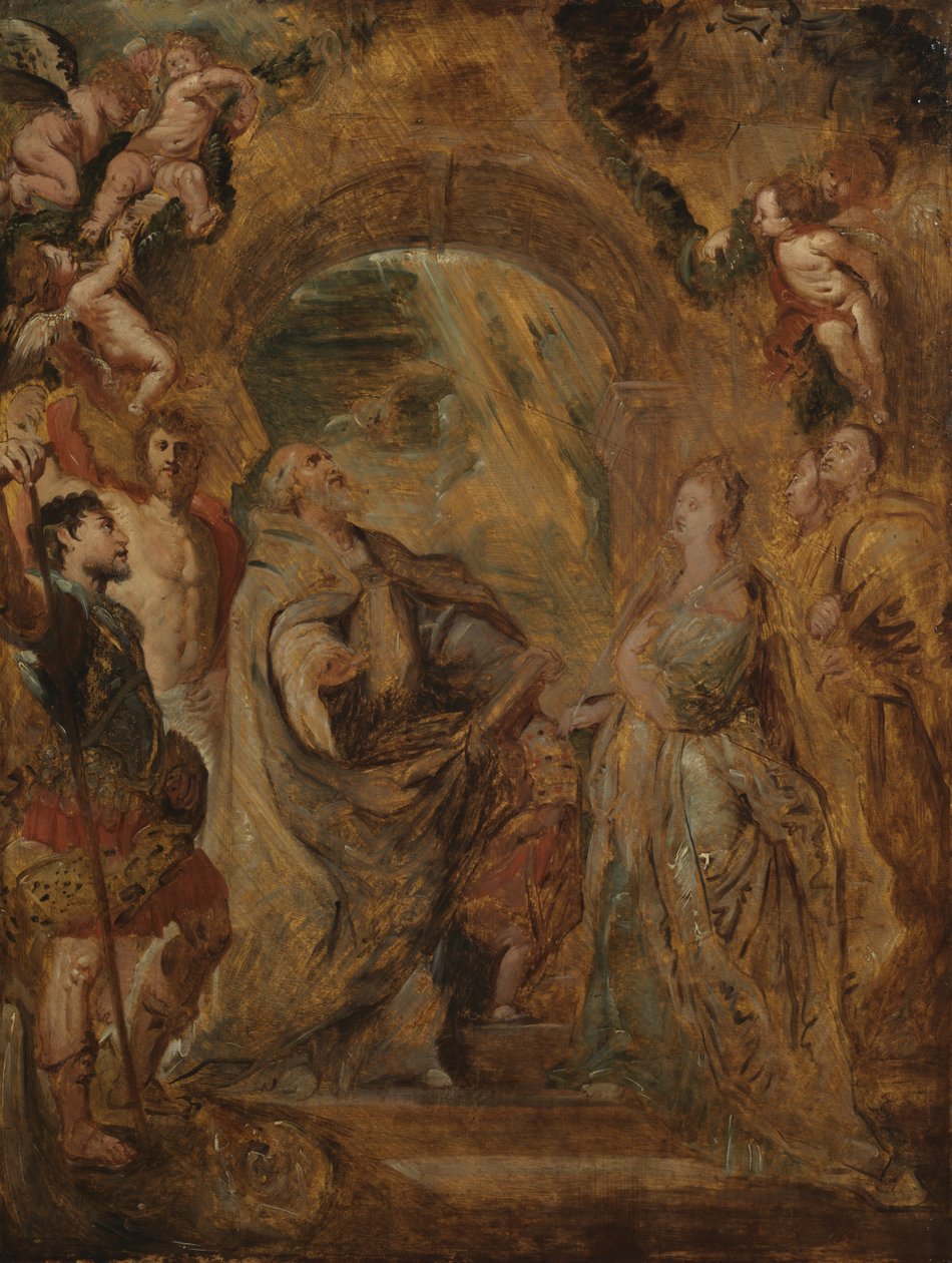 Pyhä Gregorius Suuri pyhien Mauruksen ja Papianuksen kanssa ja Pyhä Domitilla pyhien Nereuksen ja Akhilleuksen kanssa, 1606-07 tekijältä Peter Paul Rubens