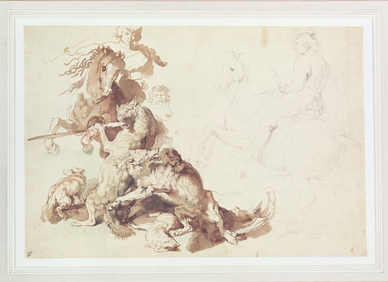 Luonnos susimetsästystä varten (kynä akvarellilla paperille) tekijältä Peter Paul Rubens
