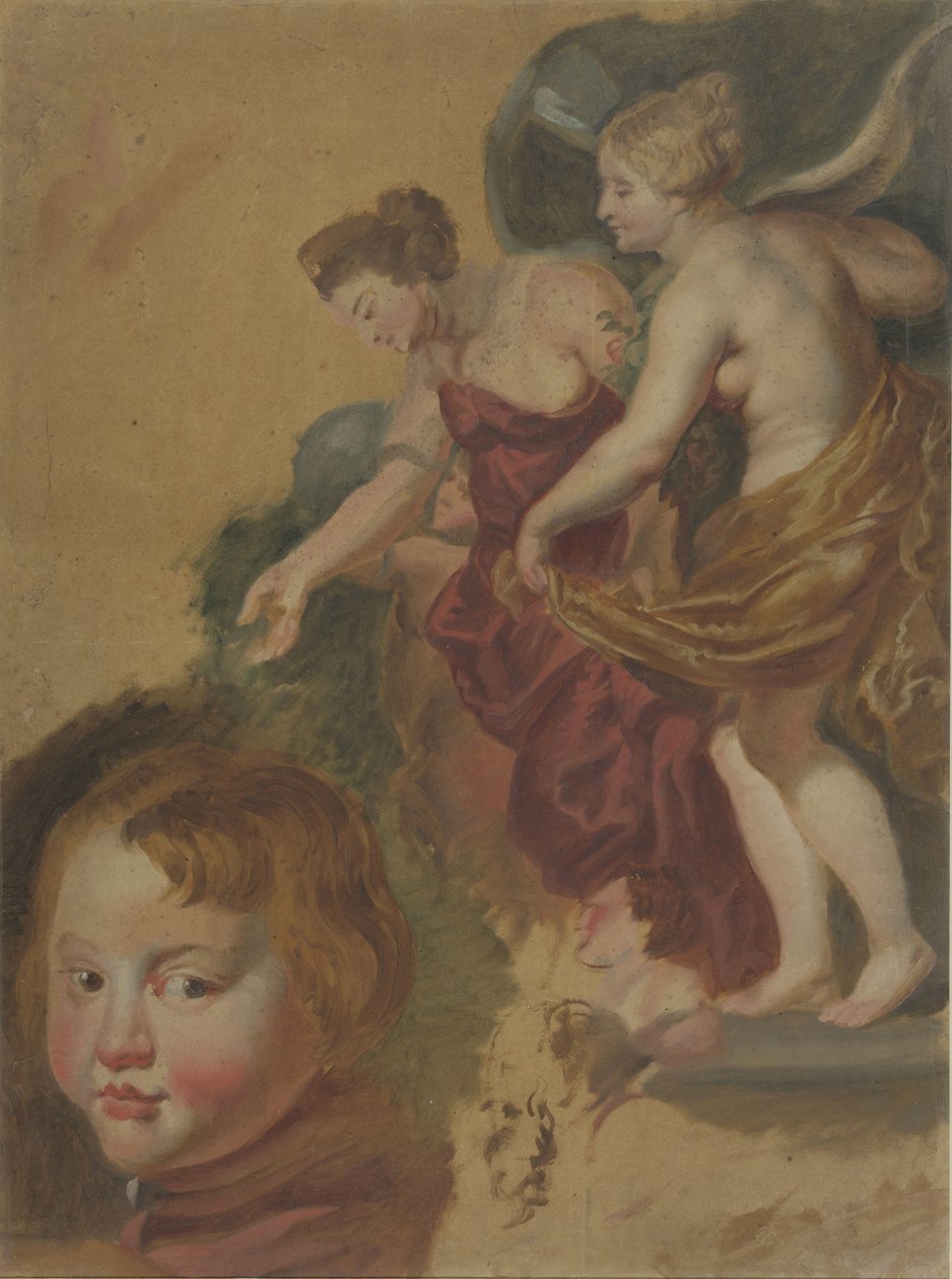 Opintopaperi, jossa Maria dei Medicin onnellinen hallituskausi, pojan pää ja kaksi miehen päätä. tekijältä Peter Paul Rubens