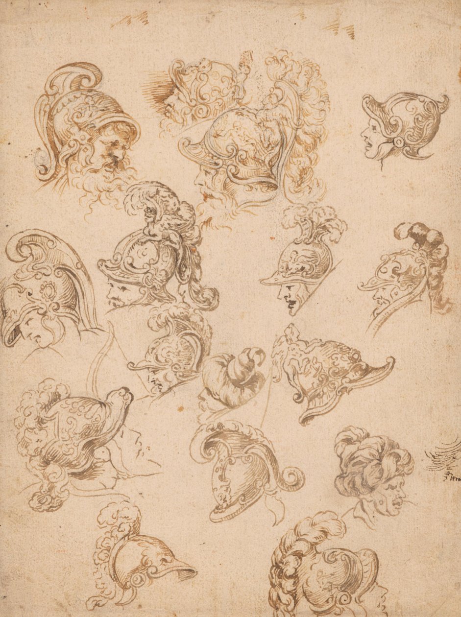 Tutkielma-arkki, jossa on kypäriä ja päitä tekijältä Peter Paul Rubens