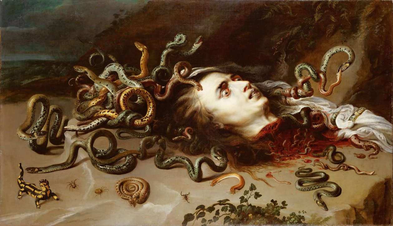 Tete de Meduse - Medusan johtaja - Pieter Paul Rubens (1577-1640). Öljy kankaalle, c. 1617-1618. Mitat: 68,5 x 118 cm. Taidehistoriallinen museo, Vienne tekijältä Peter Paul Rubens