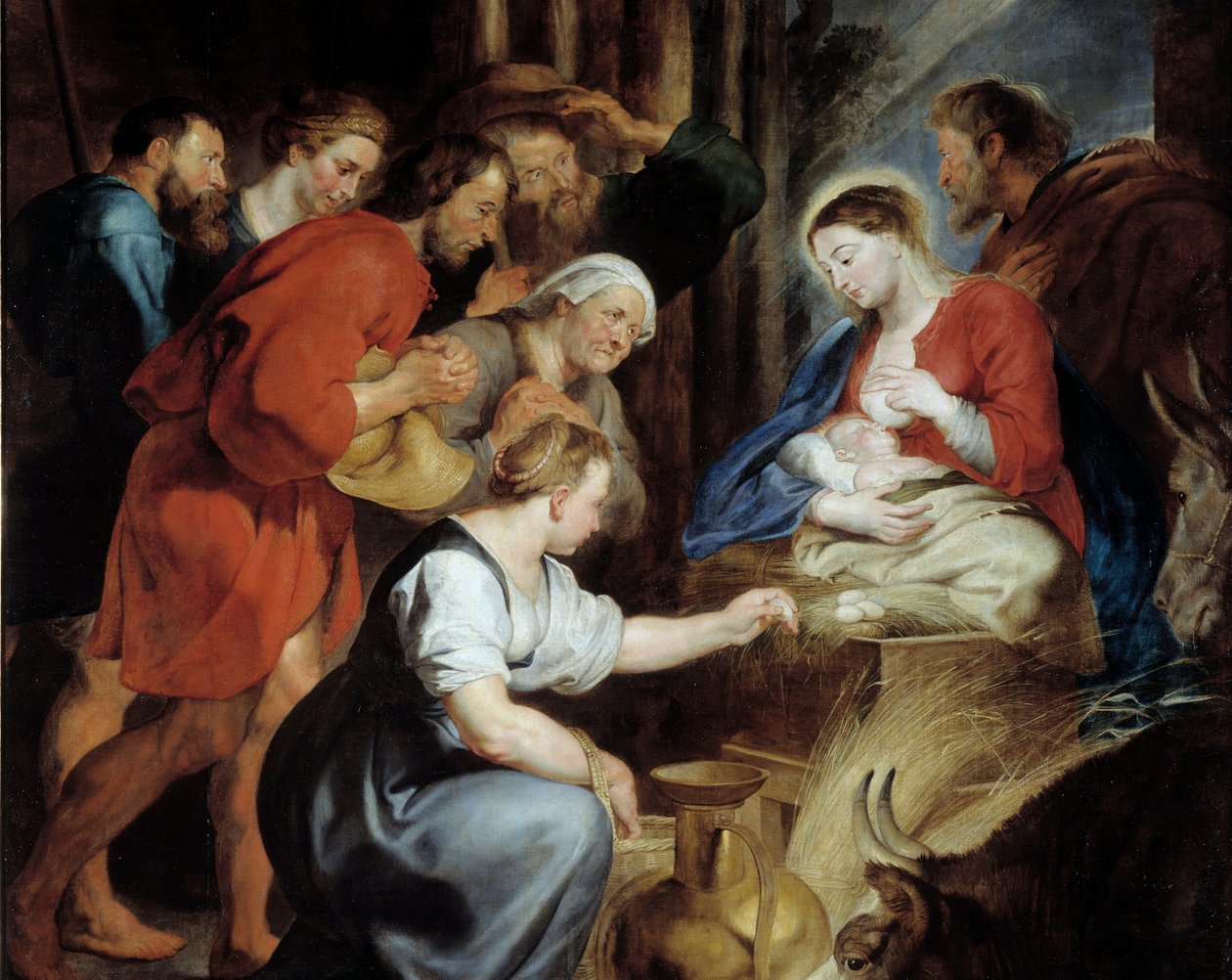 The Adoration of Shepherds Detail. Pierre Paulin (Pierre-Paul) Rubensin (tai Peter Paulin tai Petrus Pauluksen) maalaus (1577-1640) 1600-luvun su. 3,4x2,48 m Rouen, Musee des Beaux Arts tekijältä Peter Paul Rubens