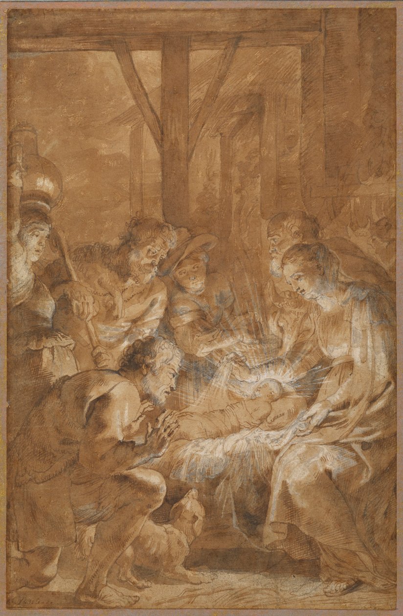 The Adoration of the Shepherds, n. 1613-1614 (kynä ja ruskea muste ruskealla pesuaineella ja valkoinen guassi) tekijältä Peter Paul Rubens