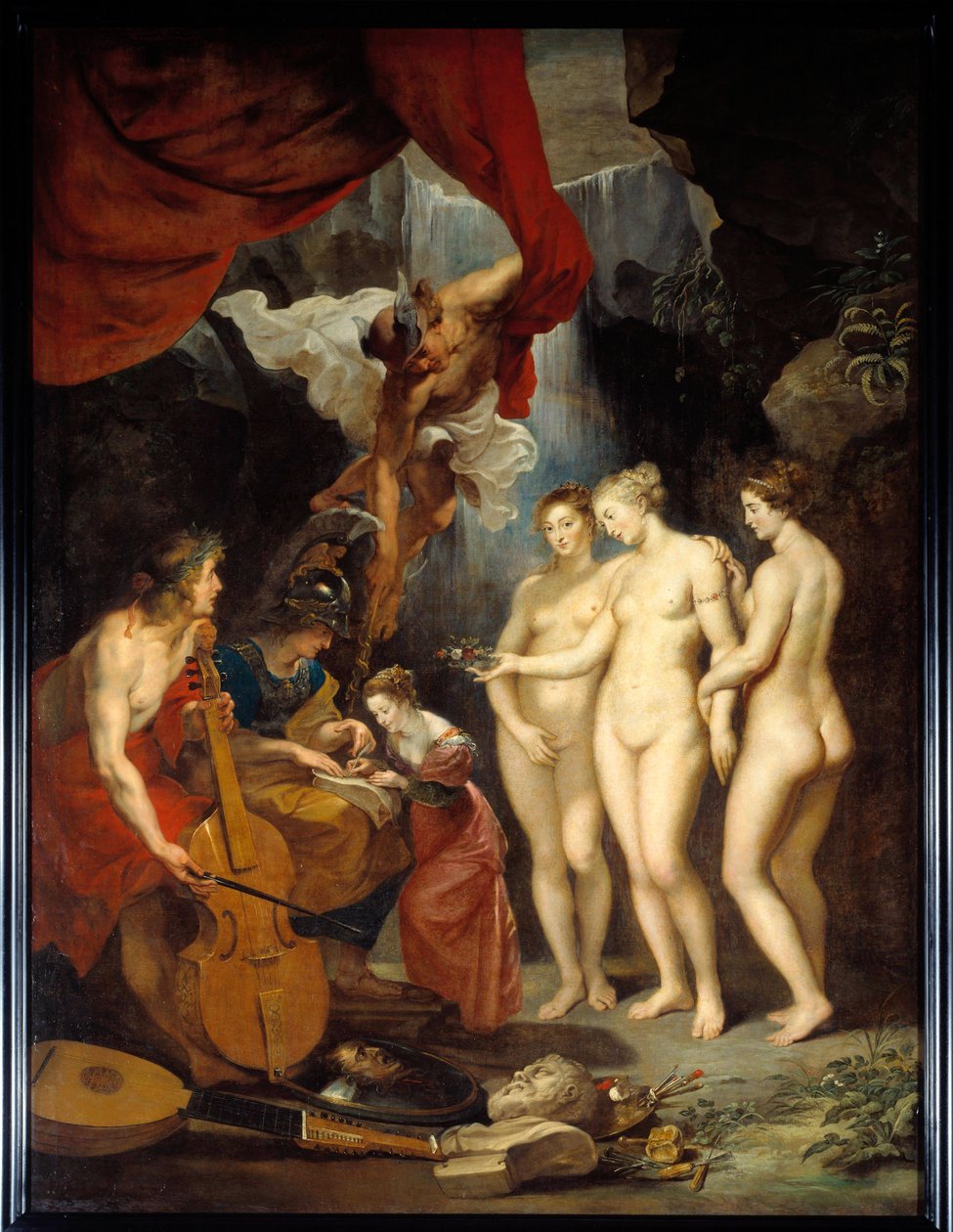 Mediciksen Marian koulutus Allegorie edustaa nuoren kuningatar Marian Mediciksen (1573-1642) opetusta Minervan, Merkuriuksen, Apollon ja kolmen armon välillä. Pierre Paul (Pierre-Paul) Rubensin (tai Peter Paulin tai Petrus Pauluksen) maalaus (15 tekijältä Peter Paul Rubens