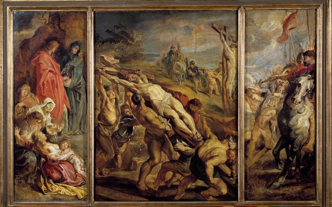 Triptyykkiristin pystyttäminen Pierre Paul (Pierre-Paul) Rubens (tai Peter Paul tai Petrus Paulus) (1577-1640) 1600-luvun su. 0,68 x 1,07 m Pariisi, Musee du Louvre tekijältä Peter Paul Rubens