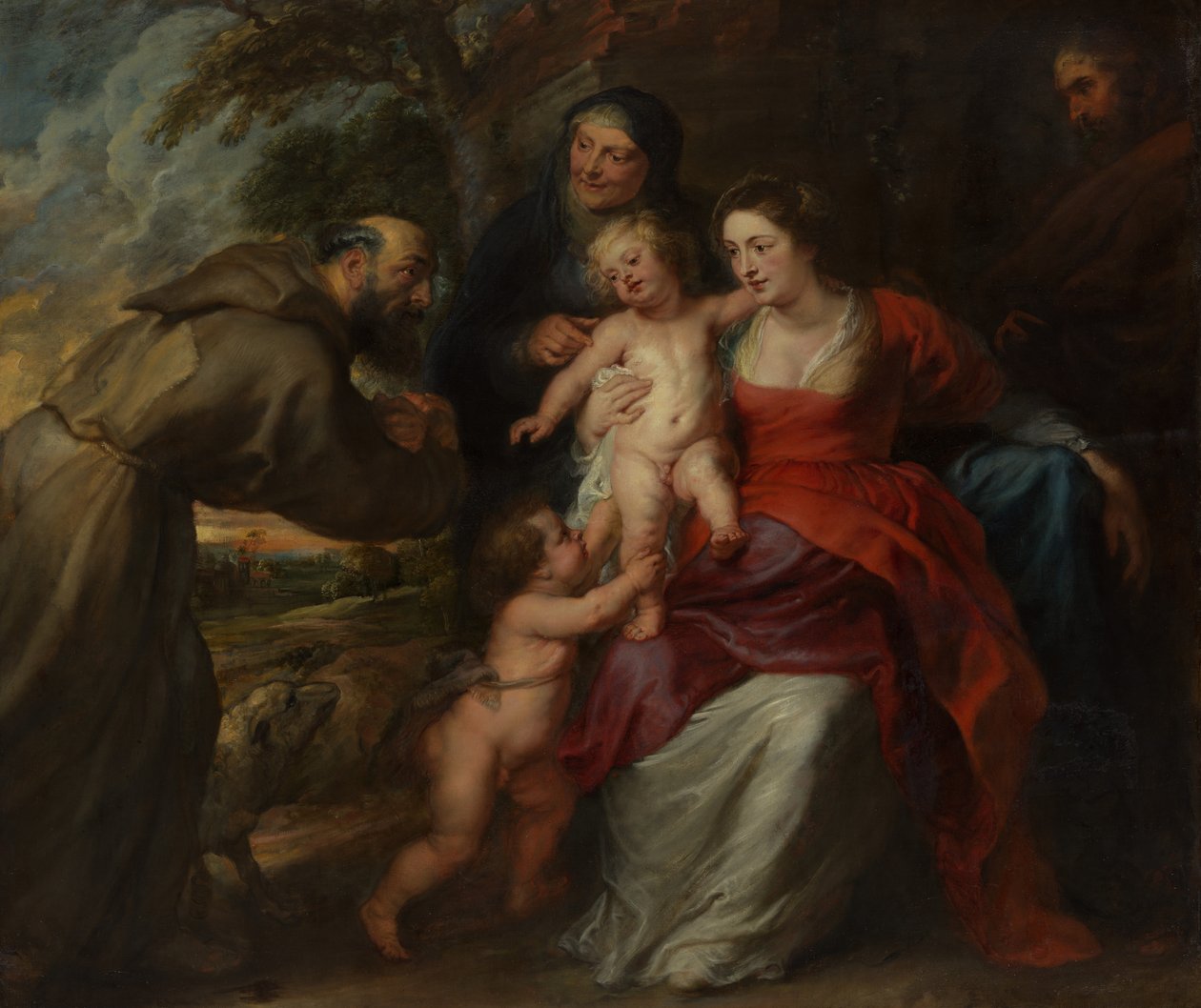 Pyhä perhe pyhien Franciscuksen ja Annan kanssa ja pikkulapsi Pyhä Johannes Kastaja, 1630-luku. tekijältä Peter Paul Rubens