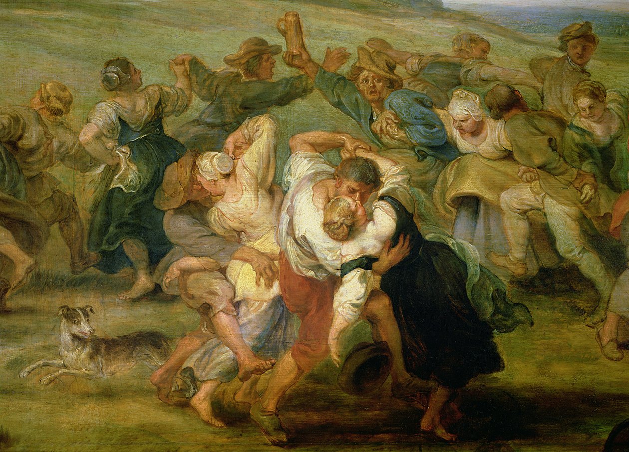 Kermesse, yksityiskohta tanssivista talonpojista, n.1635-38 öljy paneelille yksityiskohta kuvasta 24954. tekijältä Peter Paul Rubens