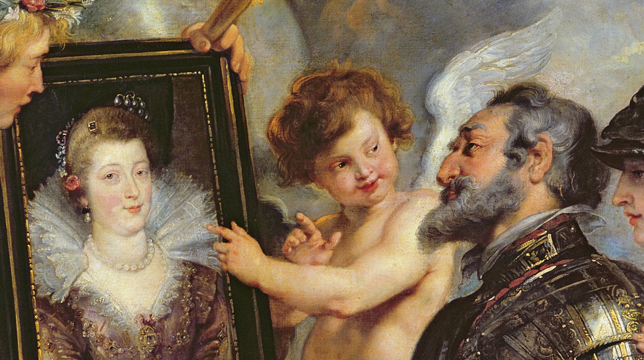 Medici-sykli: Henri IV (1553-1610) Marie de Medicin muotokuvan vastaanottaminen (1573-1642) 1621-25 (yksityiskohta 17689) tekijältä Peter Paul Rubens