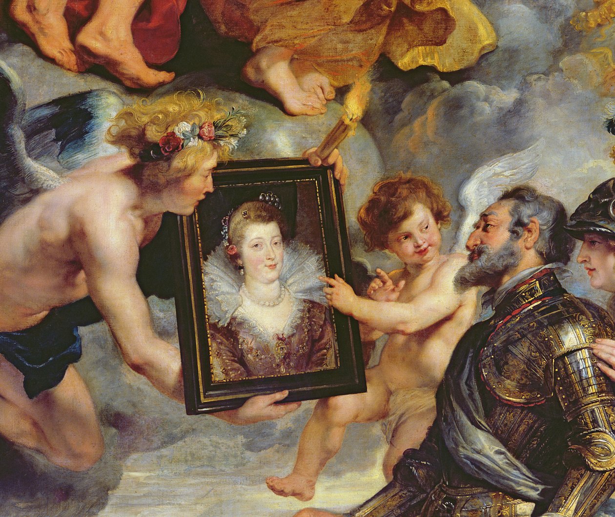 Medici-sykli: Henri IV (1553-1610) Marie de Medicin muotokuvan vastaanottaminen (1573-1642) 1621-25 (yksityiskohta 17689) tekijältä Peter Paul Rubens
