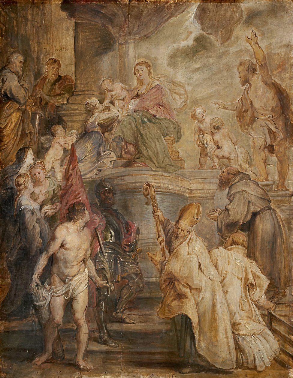 Pyhän Katariinan mystinen avioliitto (väriluonnos Antwerpenin augustinolaisisien kirkon alttaria varten), kääntöpuolella: kaksi ratsuväkitaistelua tekijältä Peter Paul Rubens