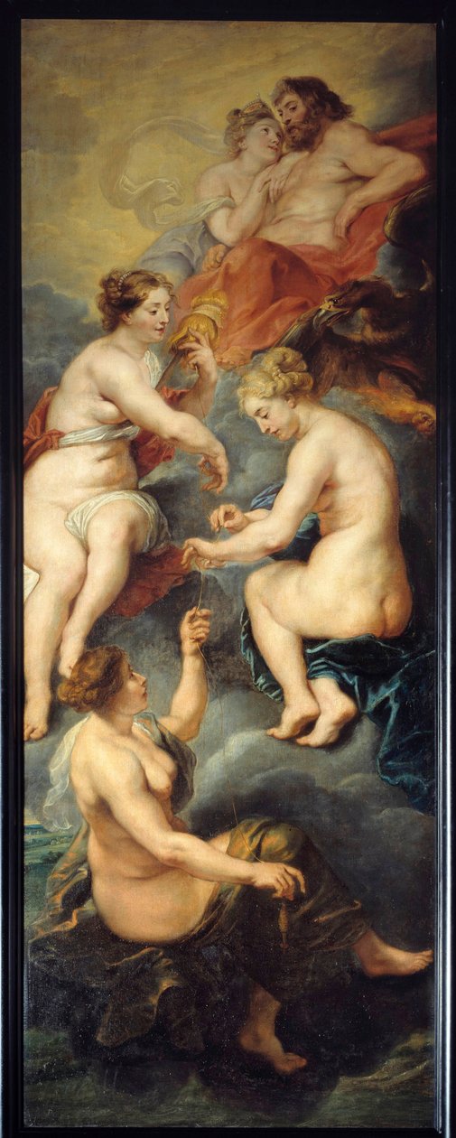 Mediciksen Marian (1573-1642) kohtaloa pyörittävät Parques Parques, Clotho, Lachesis ja Atropos ovat jumaluksia, jotka hallitsevat ihmisten kohtalon. Pierre Paulin (Pierre-Paul) Rubensin (tai Peter Paulin tai Petrus Pauluksen) maalaus (1577-1640) 1600-luku tekijältä Peter Paul Rubens