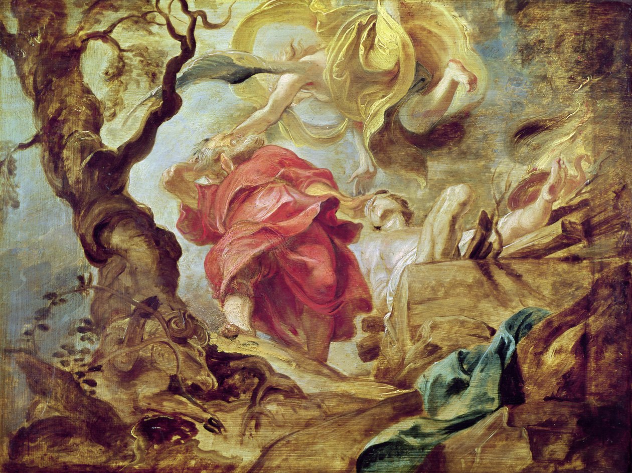 Iisakin uhri, luonnos kattoosaan jesuiittakirkossa Antwerpenissä, 1620-21 tekijältä Peter Paul Rubens
