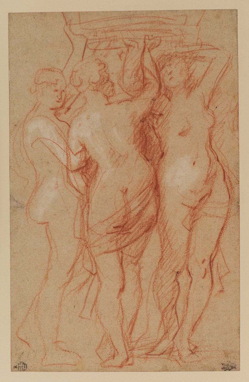 The Three Graces, n. 1635-1640 (punainen ja valkoinen liitu paperille) tekijältä Peter Paul Rubens
