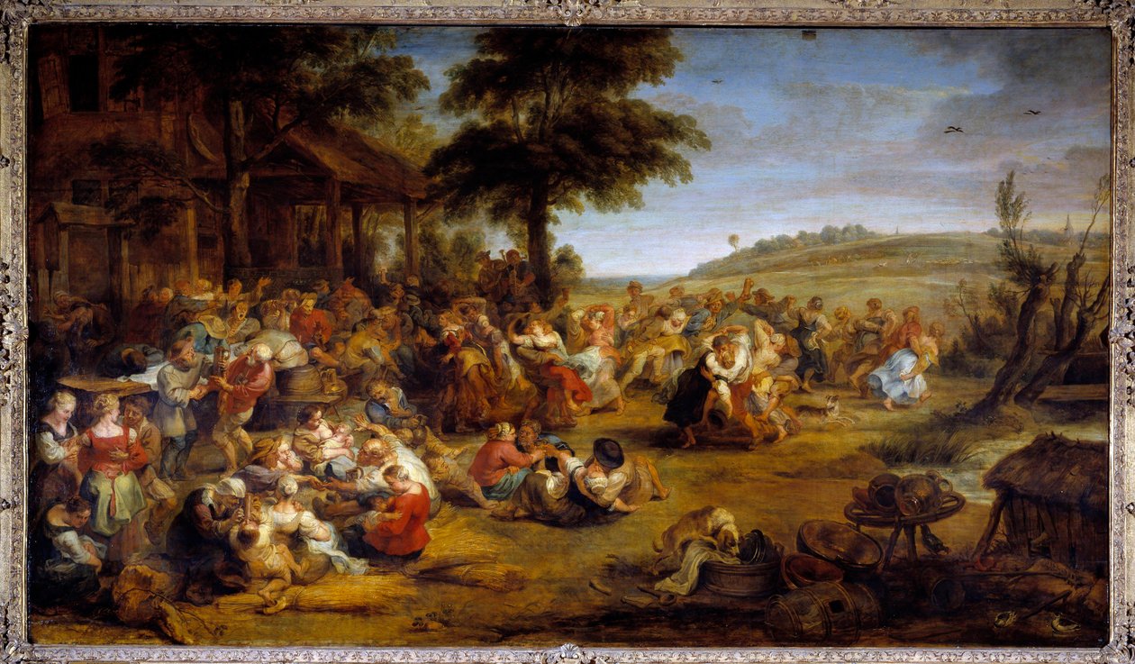 Messut tai häät kylässä. Taulukko, joka edustaa maapuoluetta. Pierre Paul (Pierre-Paul) Rubensin (tai Peter Paul tai Petrus Paulus) maalaus (1577-1640), flaamilainen koulu, noin 1635-1638. Öljy puulle. Mitat: 1,49 x 2,61 m. Musee du Louvre - kylä tekijältä Peter Paul Rubens