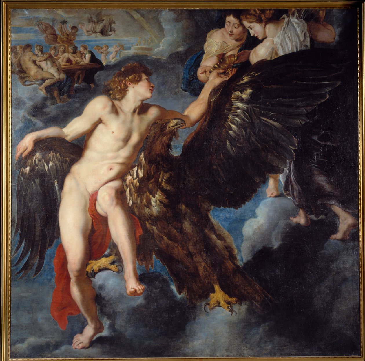 Ganymeden sieppaus Kun Zeus laiduntaa laumaansa Ida de Troade -vuorella, muuttuu kotkaksi, vie sen pois tehdäkseen siitä rakastajansa ja jumalien laulun. Pierre Paulin (Pierre-Paul) Rubensin (tai Peter Paulin tai Petrus Paulin) työpajan maalaus tekijältä Peter Paul Rubens
