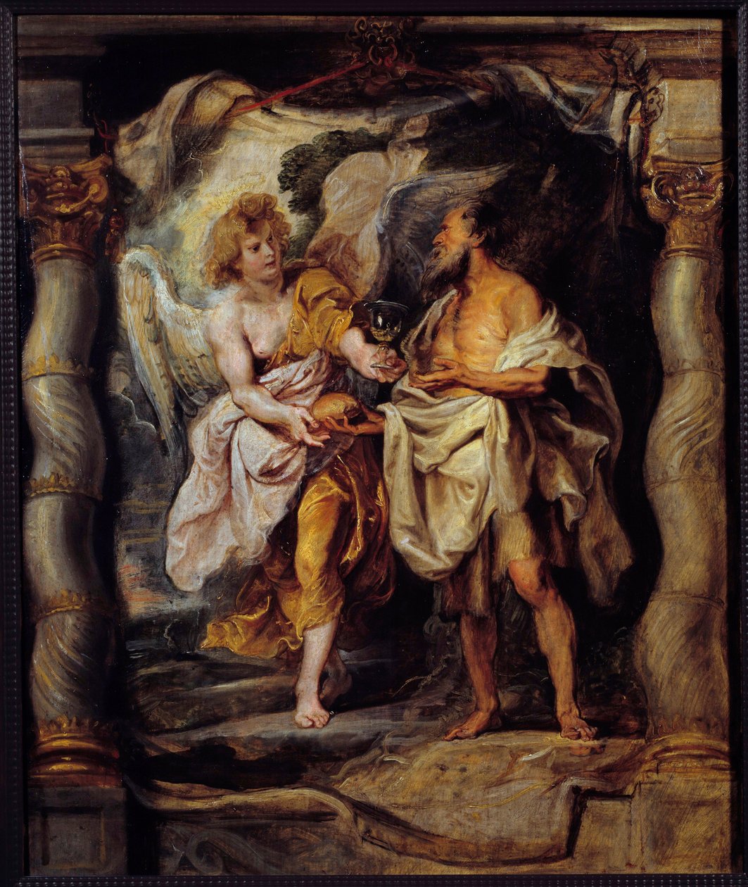 Profeetta Elia saa leipää ja vettä enkeliltä Pierre Paul (Pierre-Paul) Rubensin (tai Peter Paulin tai Petrus Pauluksen) maalaus (1577-1640) 1600-luvun aurinko. 0,53x0,63 m Bayonne, Musee Bonnat tekijältä Peter Paul Rubens