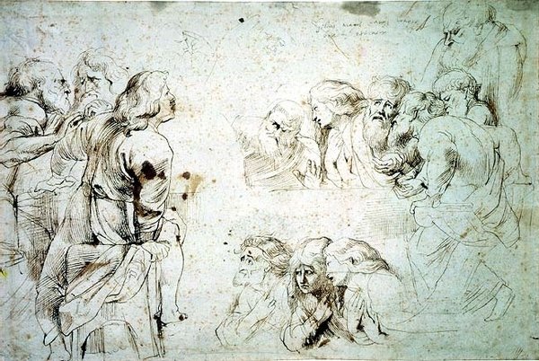Kolme apostolien ryhmää viimeisellä ehtoollisella (piirustus) tekijältä Peter Paul Rubens